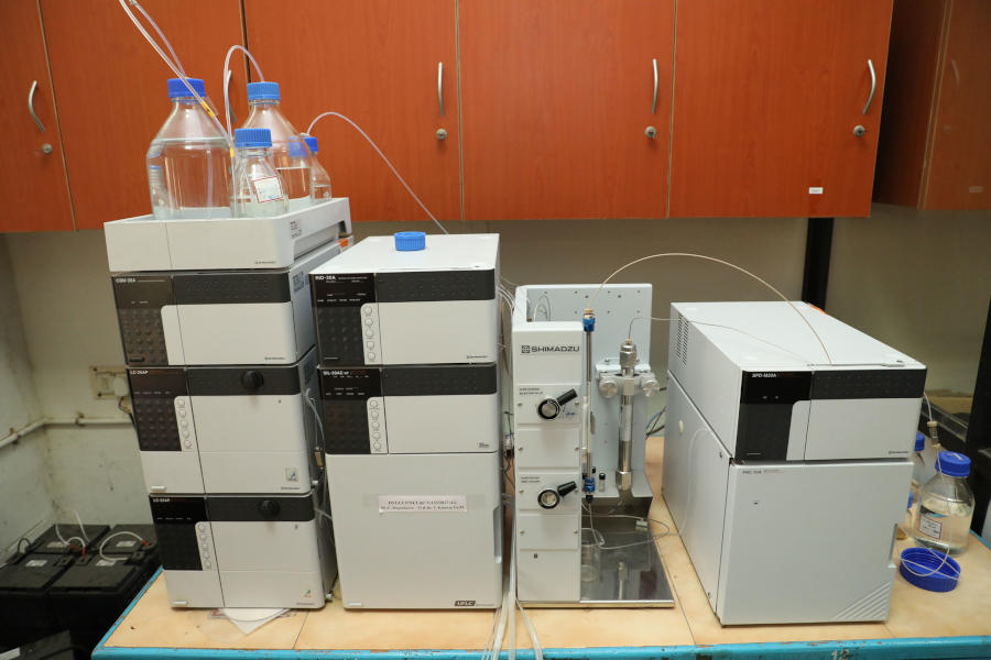 Analytical instruments on a laboratory bench